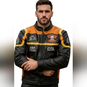 New Harley-Davidson Men's Black and Orange Leather Jacket